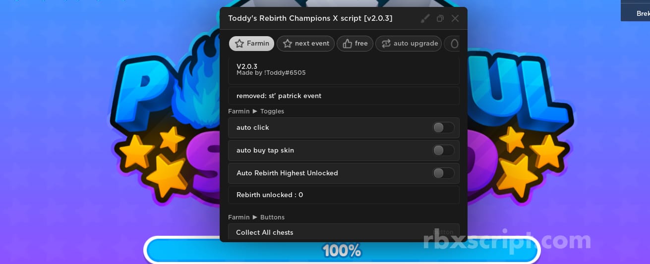 Rebirth Champions X GUI  Enable all boosts and gamepasses for free!