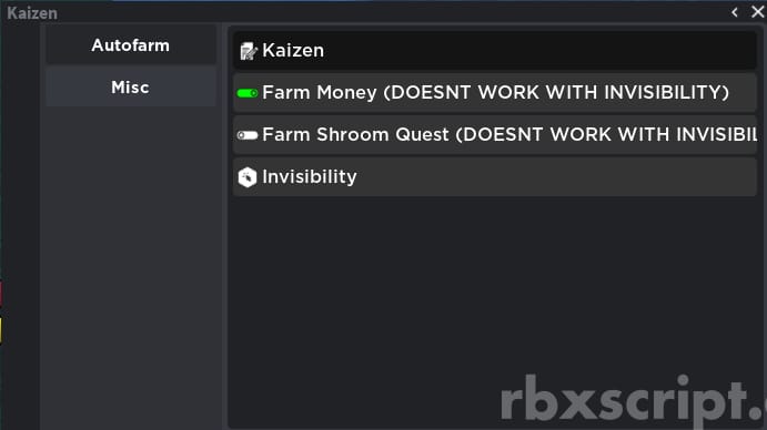 Kaizen: Invisibility, Auto Farm Money, Walkspeed Slider